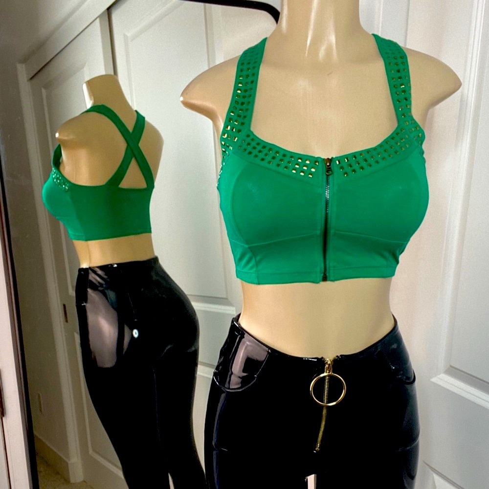 Green Studded Crop Top with Zipper color story M